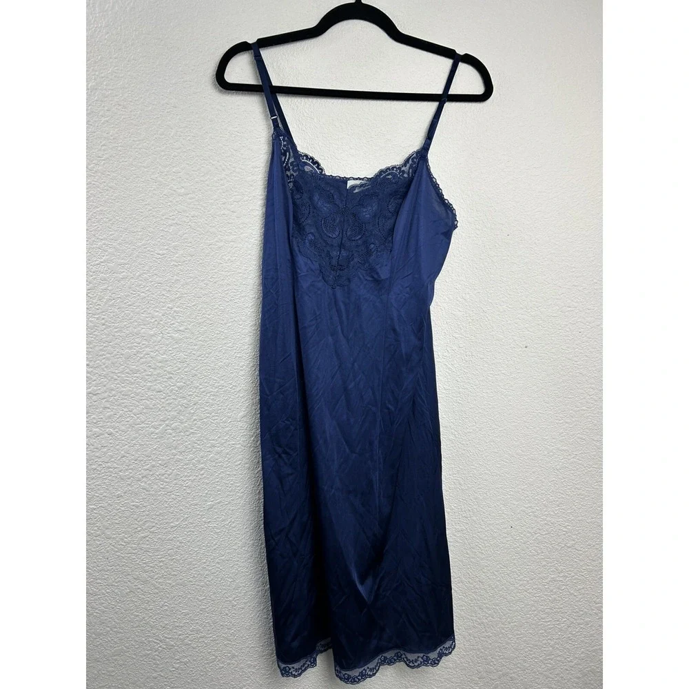 Vintage Applause Navy Blue‎ Lace Slip Dress Size 36 Boudoir Risqué Flirty Sexy